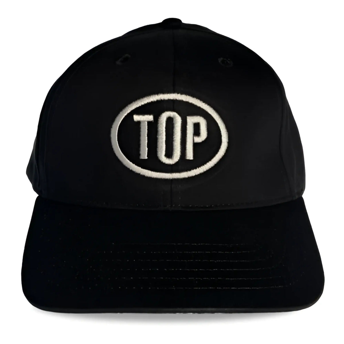 Black spunky monkee cap with white embroidered top logo in an oval on the front panel