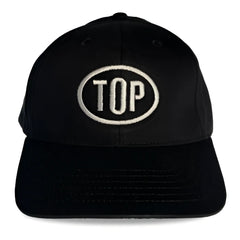 Black spunky monkee cap with white embroidered top logo in an oval on the front panel