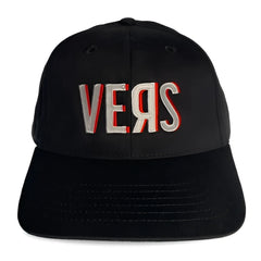 Black spunky monkee cap with embroidered vers logo in white and red thread on the front panel