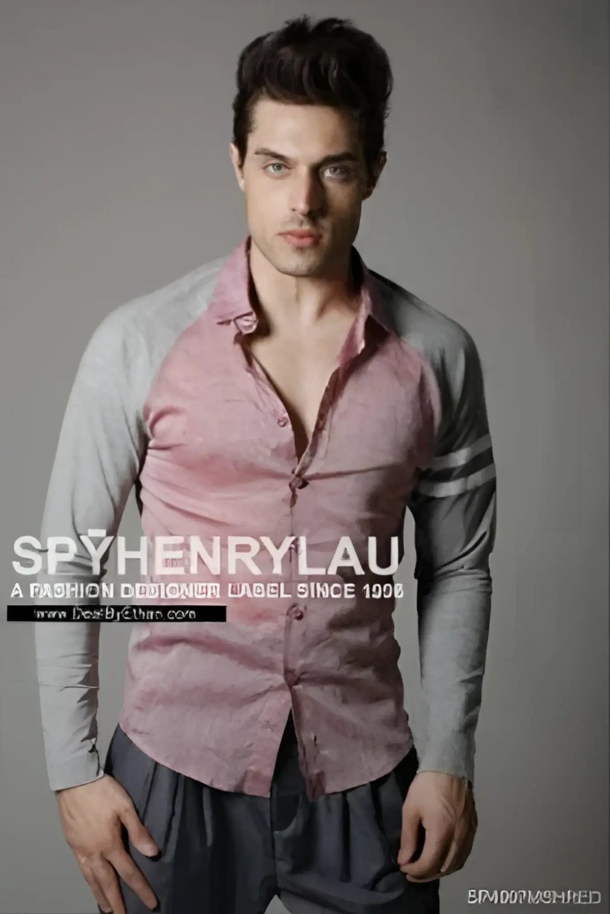 A man wearing a spy henry lau slim fit long sleeved shirt with pink and gray contrast panels in size L