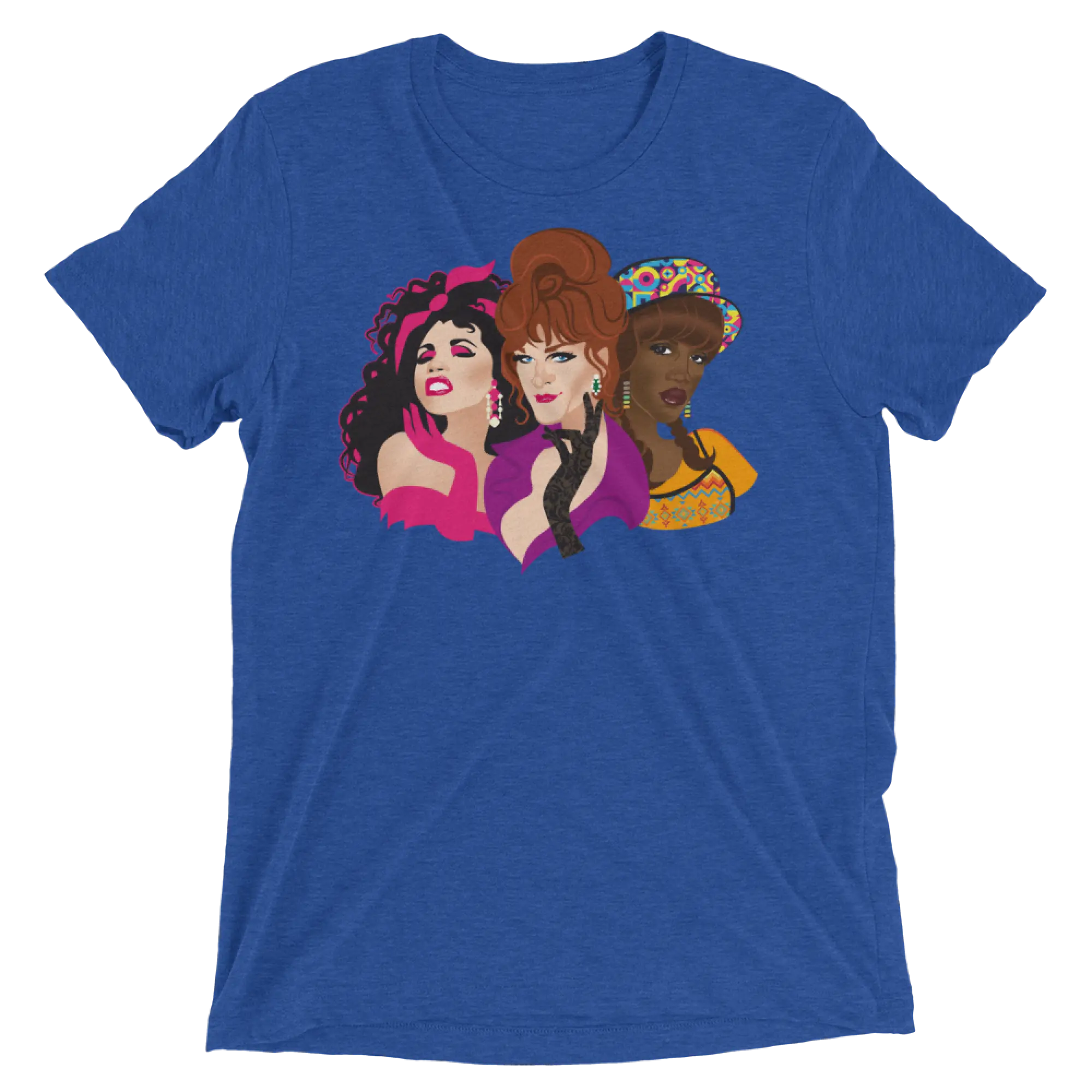 Blue heathered t-shirt featuring a vibrant graphic of three stylized drag queens titled squad goals