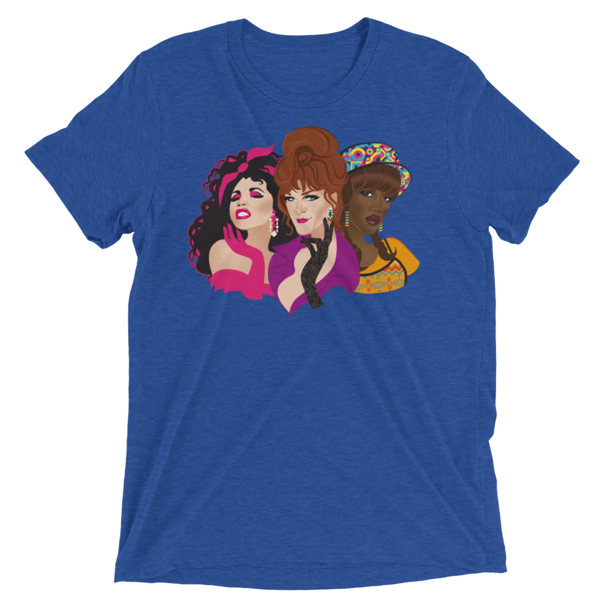 Blue heathered t-shirt featuring a vibrant graphic of three stylized drag queens titled squad goals