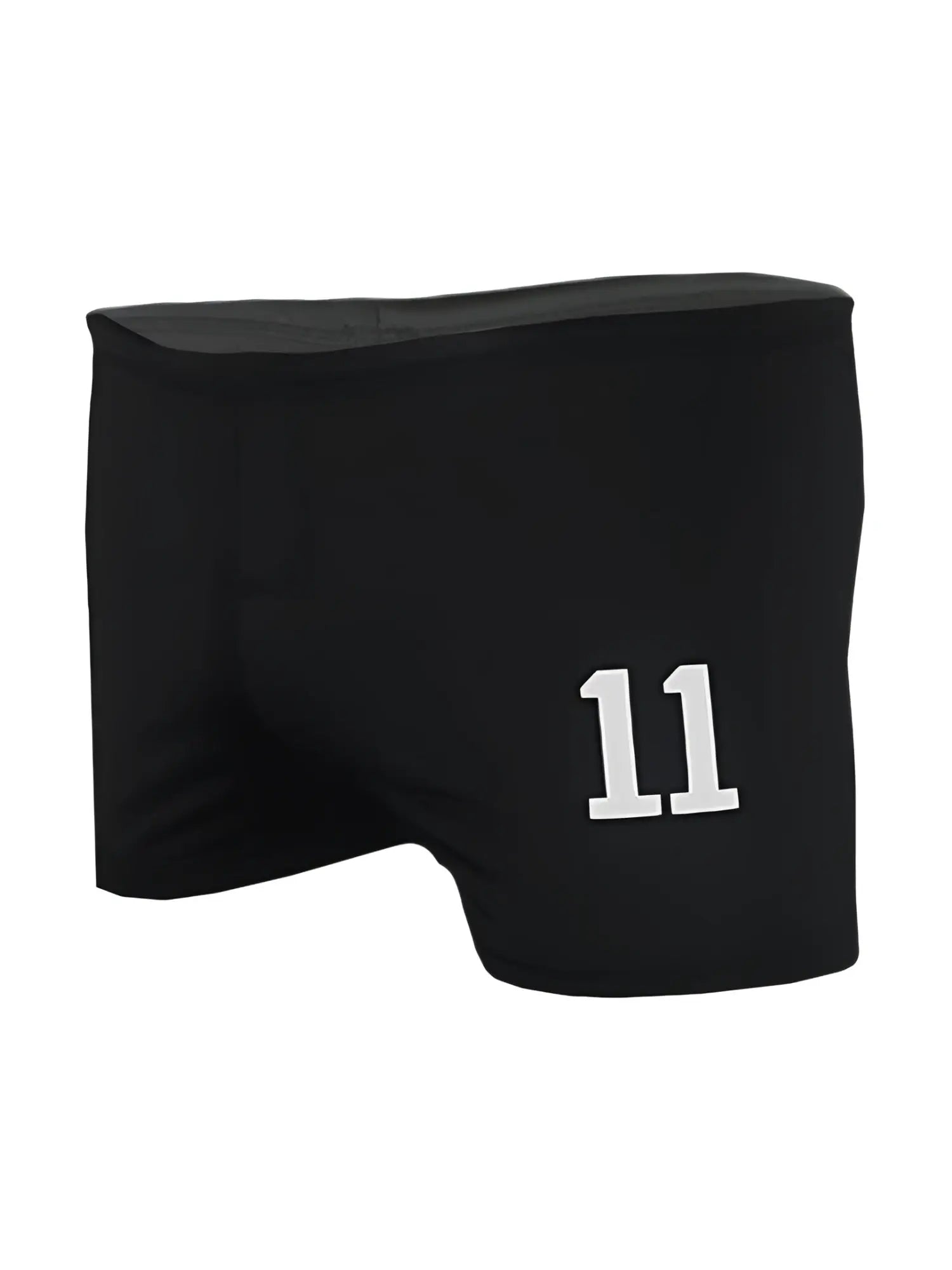 Black square trunk athletic shorts with white 11 number embroidered on the front for sports and casual wear