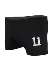 Black square trunk athletic shorts with white 11 number embroidered on the front for sports and casual wear