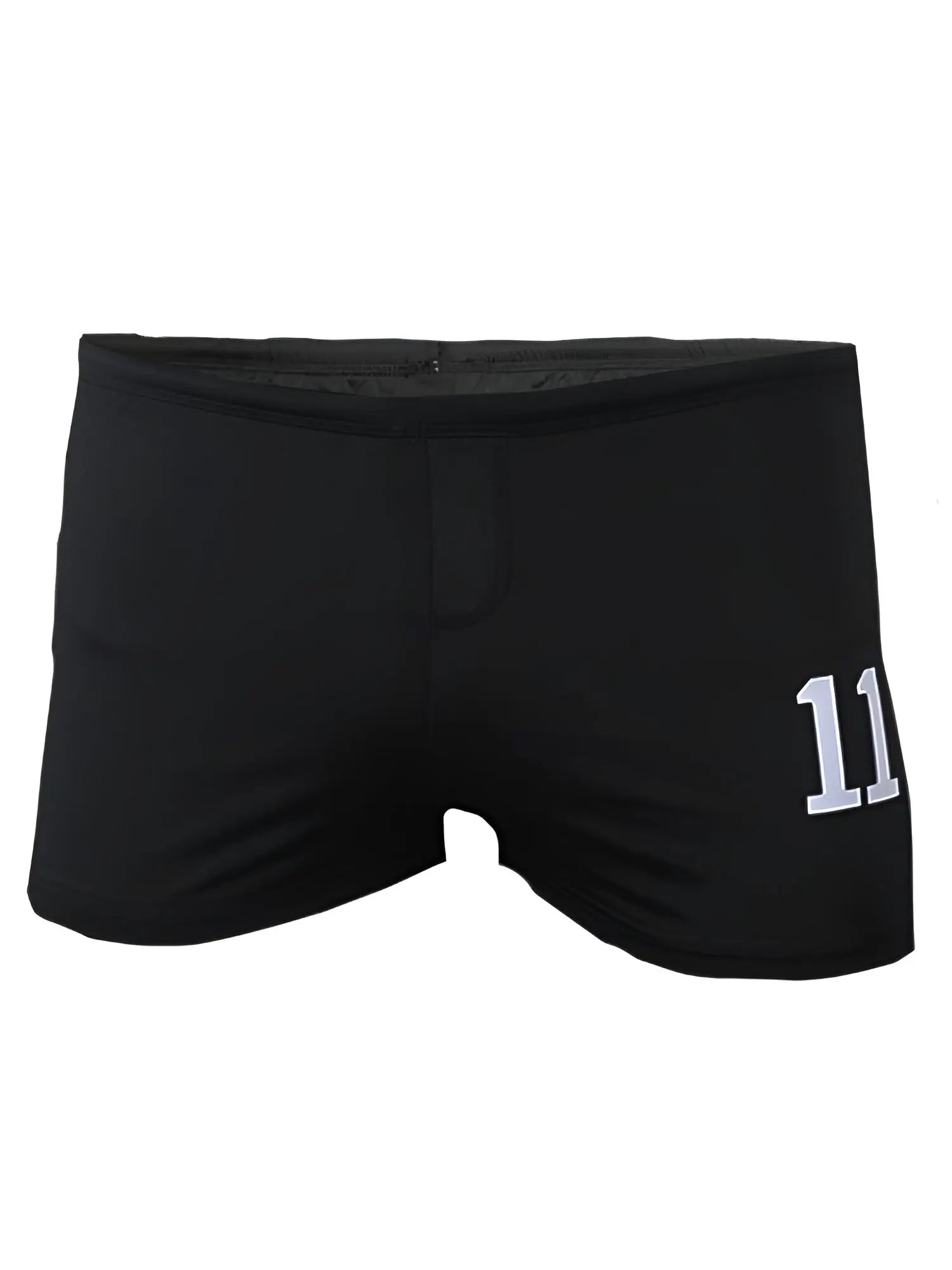 Black square trunk swim trunks with a white 11 number on the side for casual swimwear use