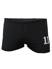 Black square trunk swim trunks with a white 11 number on the side for casual swimwear use