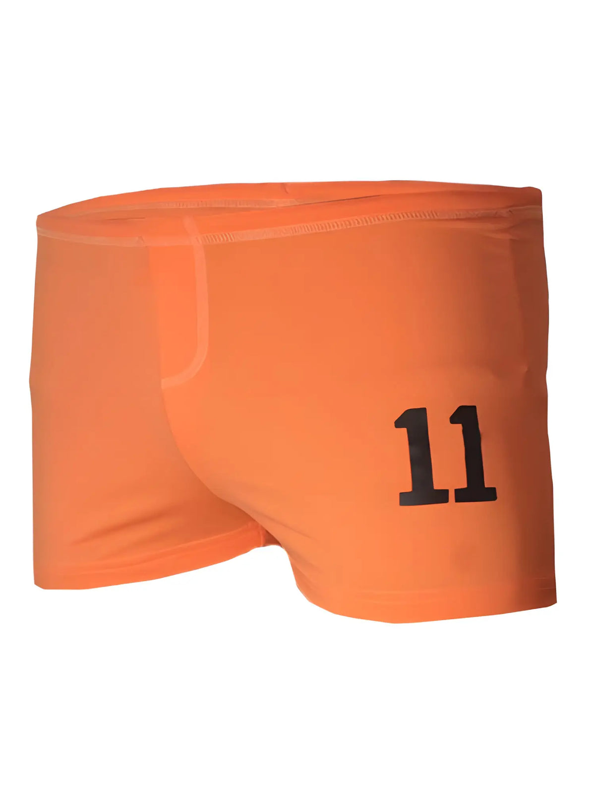 Square Trunk bright orange swim trunks with bold black number 11 printed on the side for beach and pool use