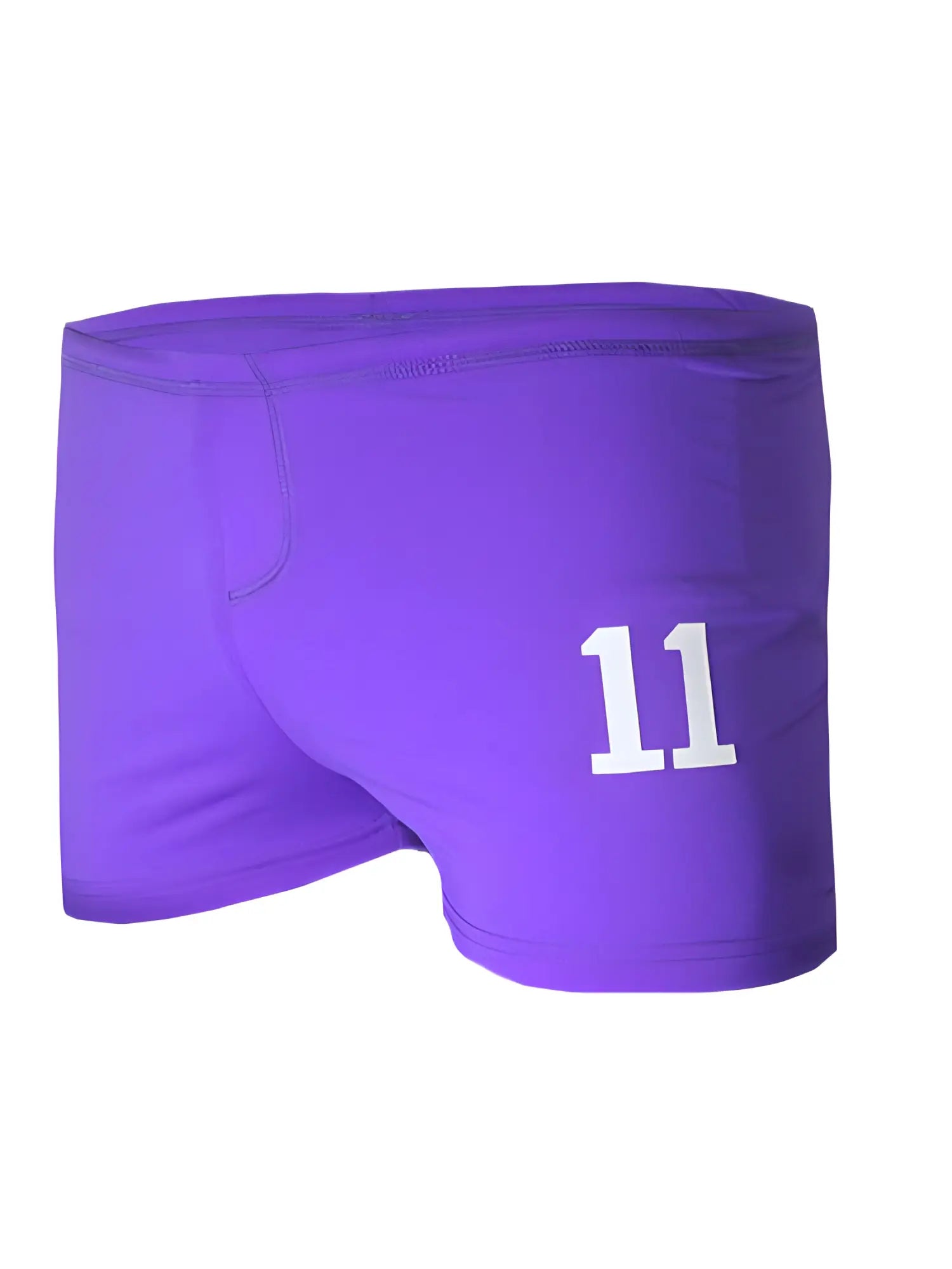 Purple square trunk athletic shorts with white number 11 printed on the side for sports and casual wear