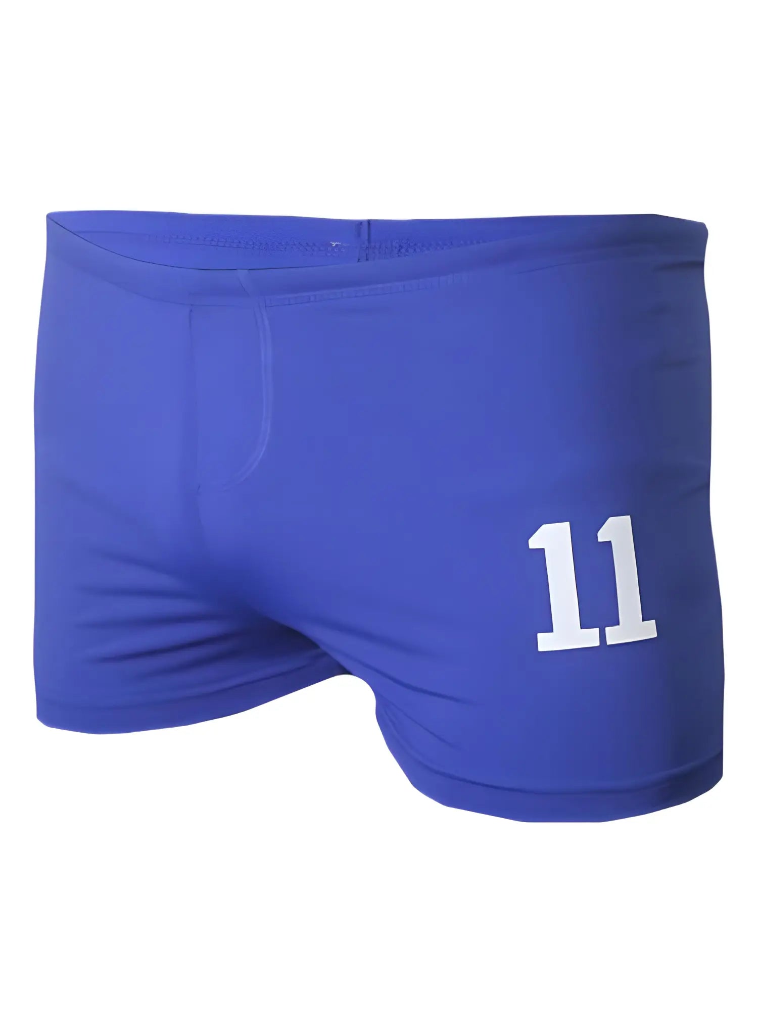 Square trunk royal blue athletic shorts with bold white number 11 printed on the right leg for sports use