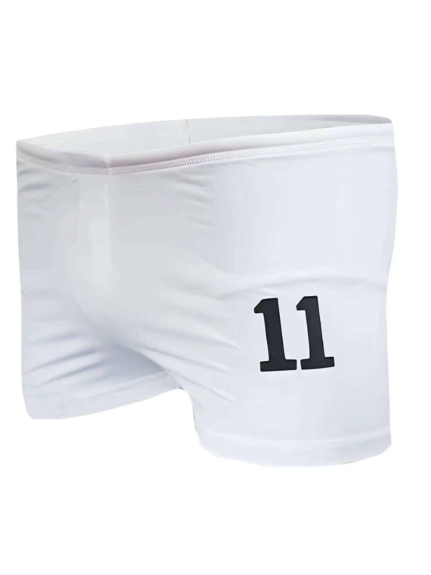 White square trunk athletic shorts with bold black number 11 printed on the side for sportswear use