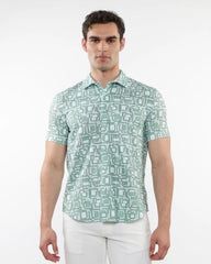 A man wearing a light green and white squares print open knit short-sleeve polo shirt