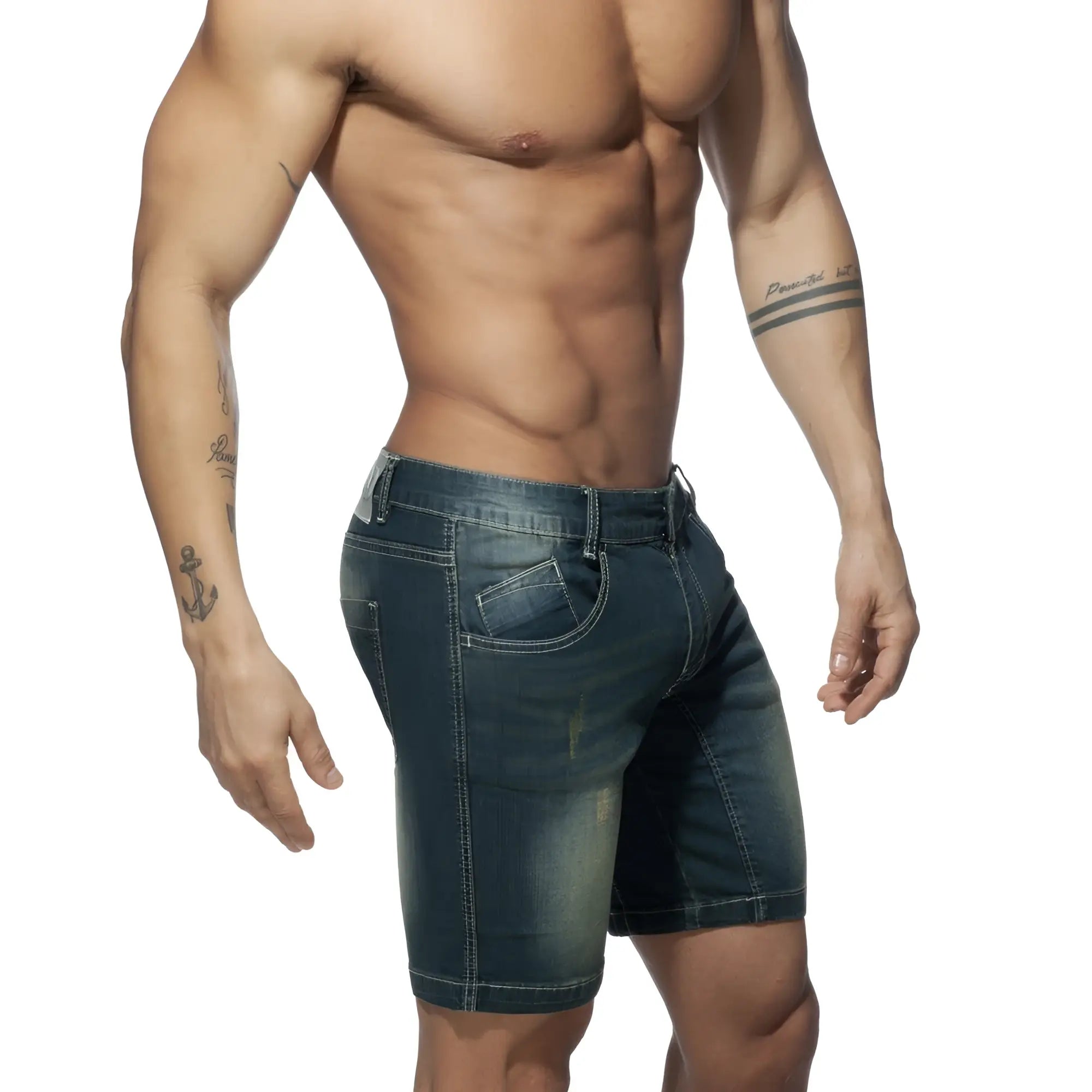 Dark blue denim squat bermuda jeans shorts with faded wash and visible stitching