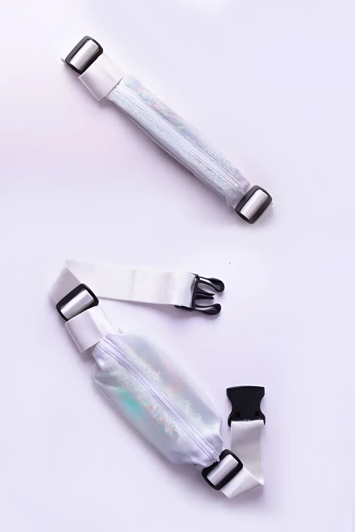 Transparent holographic running belt ssbag with white adjustable straps and black buckles for hands-free exercise