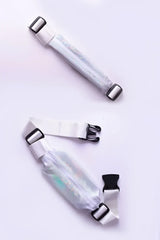 Transparent holographic running belt ssbag with white adjustable straps and black buckles for hands-free exercise