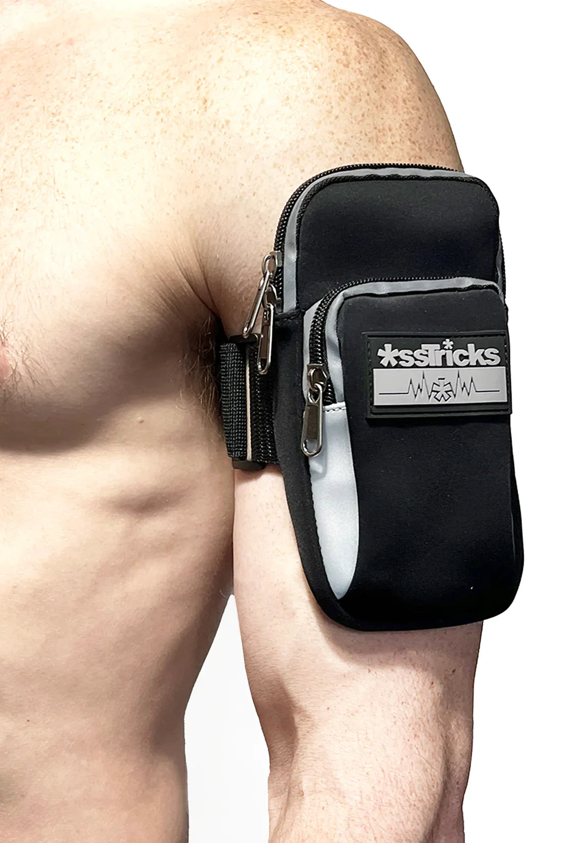 Black and gray sstricks arm bag with zippered compartments and reflective stripe for secure storage during activities