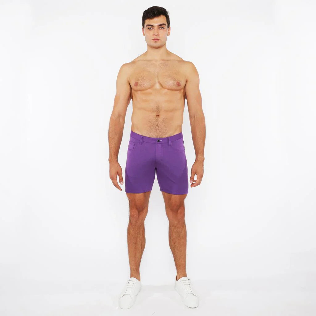 Purple stretch knit short made of breathable fabric designed for men’s comfort and flexibility