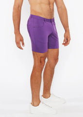 Purple stretch knit shorts for men with tailored fit and classic five-pocket design in soft stretch fabric