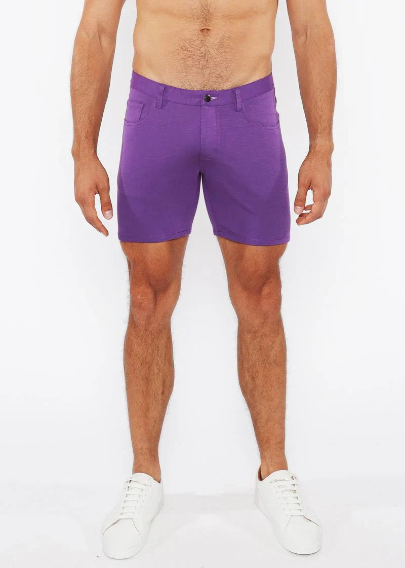Purple stretch knit men’s shorts with a clean tailored fit and subtle stitching details for comfortable wear