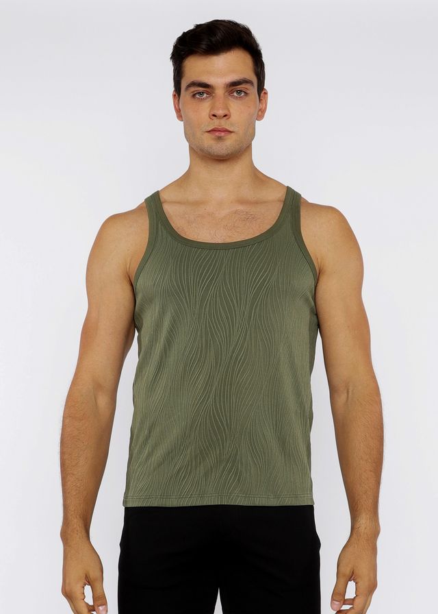 Olive green textured knit tank top with subtle wavy pattern made from breathable knit fabric