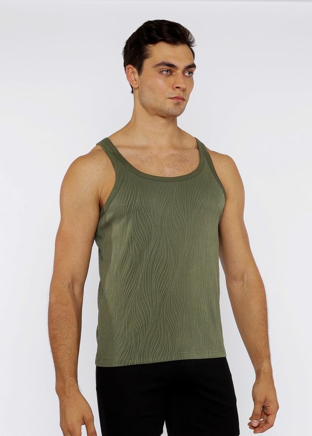 Olive green ribbed tank top with subtle wavy textured knit fabric in a sleeveless design for casual wear