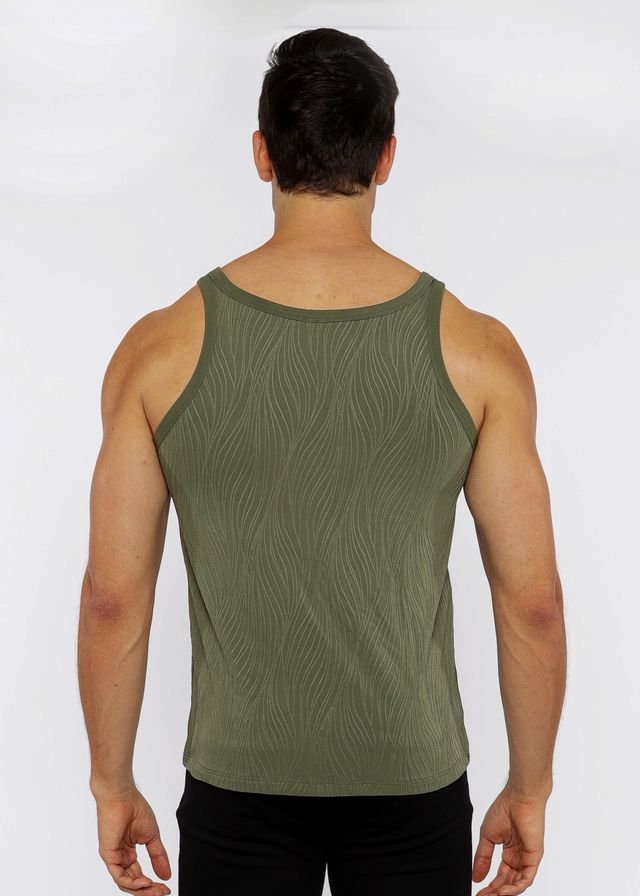 Olive green ribbed tank top with subtle wavy texture made from textured knit fabric for casual wear