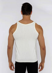 White ribbed textured knit tank top showing front view with sleeveless design and fitted silhouette