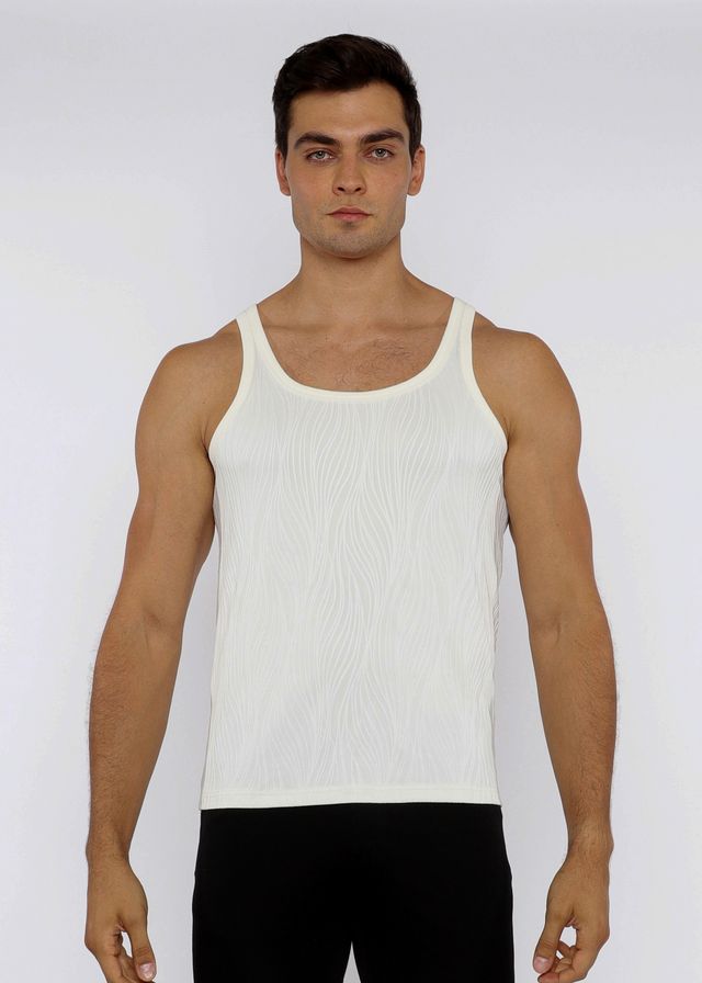 White ribbed cotton textured knit tank top with classic scoop neckline and thin shoulder straps front view