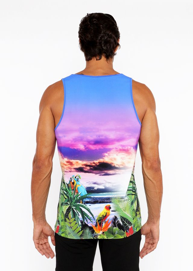 Vibrant tropics stretch mesh tank featuring colorful parrots and lush foliage against a gradient tropical sunset sky
