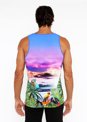 Vibrant tropics stretch mesh tank featuring colorful parrots and lush foliage against a gradient tropical sunset sky