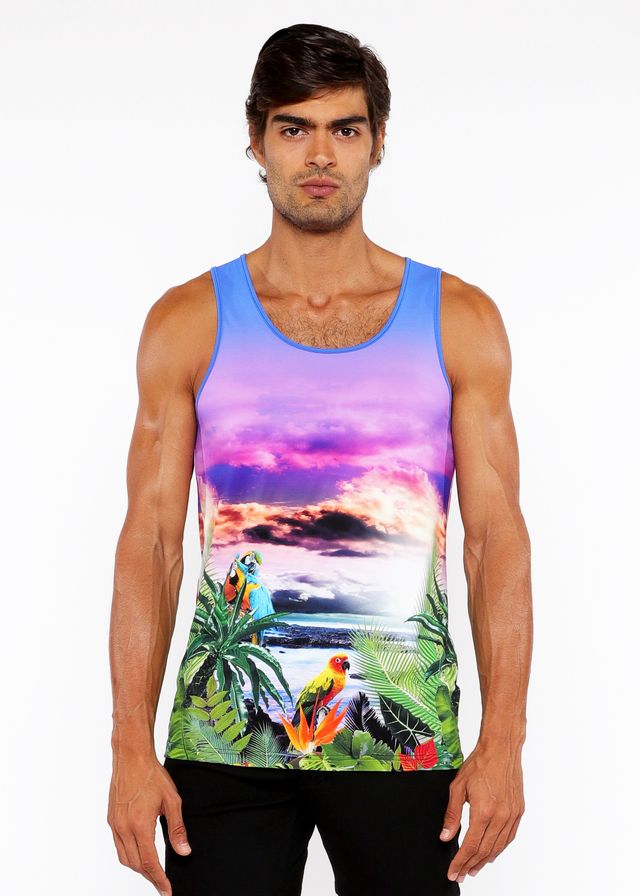 Tropics stretch mesh tank featuring a vibrant tropical sunset design with colorful parrots and lush green foliage