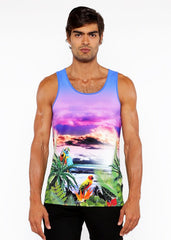 Tropics stretch mesh tank featuring a vibrant tropical sunset design with colorful parrots and lush green foliage