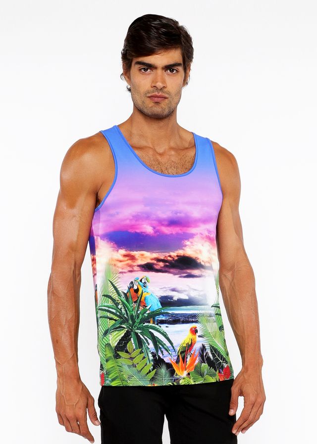 Tropics stretch mesh tank with vibrant tropical print of sunset palm trees and colorful parrots in bright hues