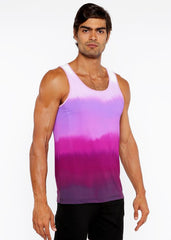 A gradient stretch mesh tank top with a vibrant pink to purple gradient in stretchy fabric and thin straps