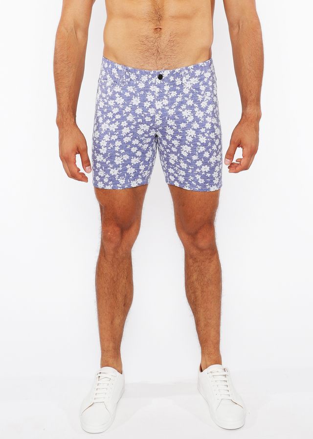 Purple floral-patterned jacquard stretch knit shorts for men with a black button closure