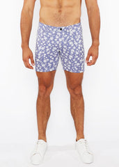 Purple floral-patterned jacquard stretch knit shorts for men with a black button closure