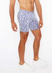 Jaquard stretch knit shorts in blue with white floral pattern on light blue fabric designed for comfort and style