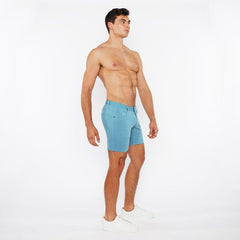 Light blue stretch knit shorts with classic five-pocket design and belt loops for comfortable everyday wear