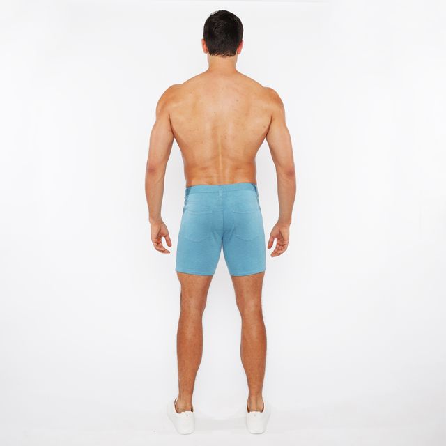 Light blue stretch knit denim shorts with classic fit and visible stitching perfect for casual wear