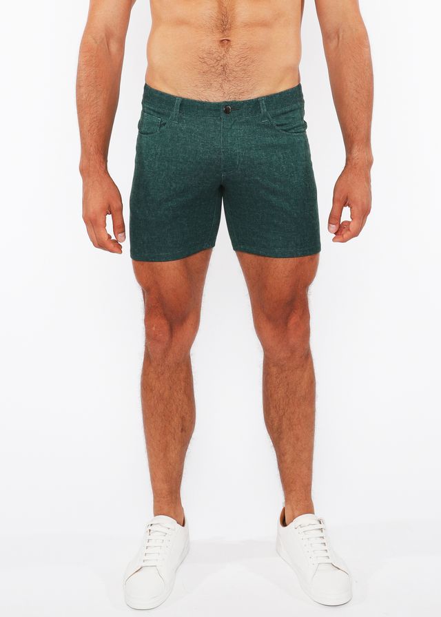 Dark green textured denim shorts with stretch knit fabric and classic five-pocket design in washed style