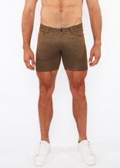 Brown washed denim stretch knit shorts with textured heathered pattern and classic five-pocket design