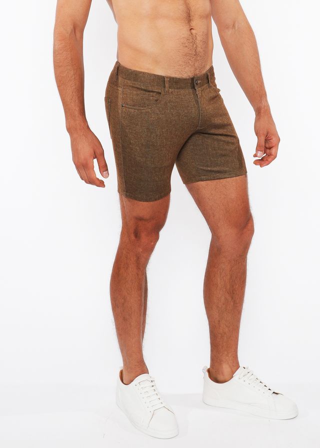 Brown washed denim stretch knit shorts with subtle texture and classic design for comfortable casual wear