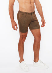 Brown washed denim stretch knit shorts with subtle texture and classic design for comfortable casual wear