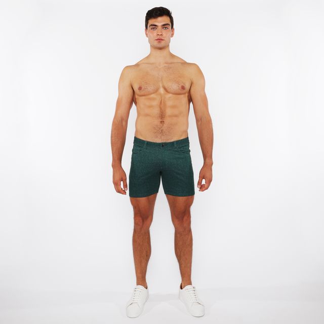 Dark green slim-fit washed denim stretch knit shorts with classic five-pocket design