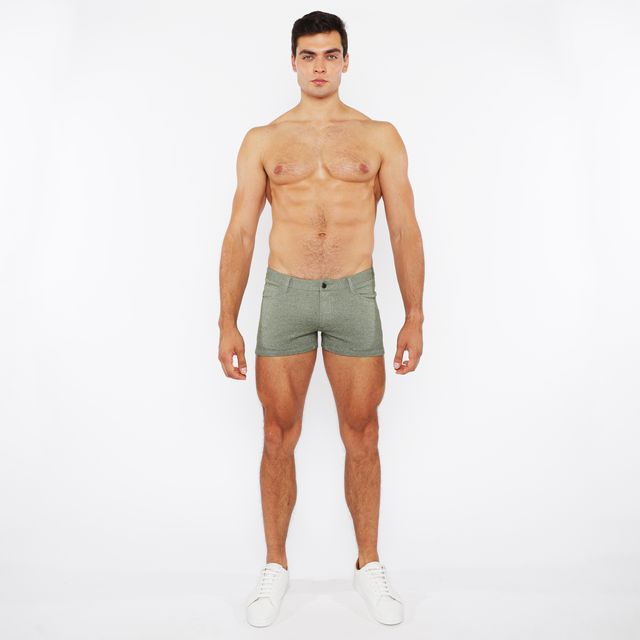 A pair of olive green textured 3 inch stretch knit two tone briefs with a subtle pattern and button closure