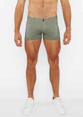 Men’s olive green heathered cotton 3 inch stretch knit two tone shorts with button closure and side pockets