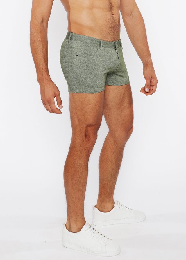A pair of olive green 3 inch stretch knit two tone shorts with textured fabric belt loop and front pocket