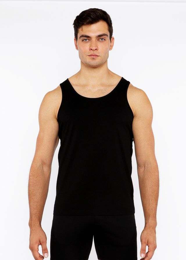 Black sleeveless tank top with circle spine laser cut detail made of stretch jersey fabric for comfortable wear
