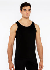 Black sleeveless circle spine laser cut stretch jersey tank top with rounded neckline and form-fitting fabric