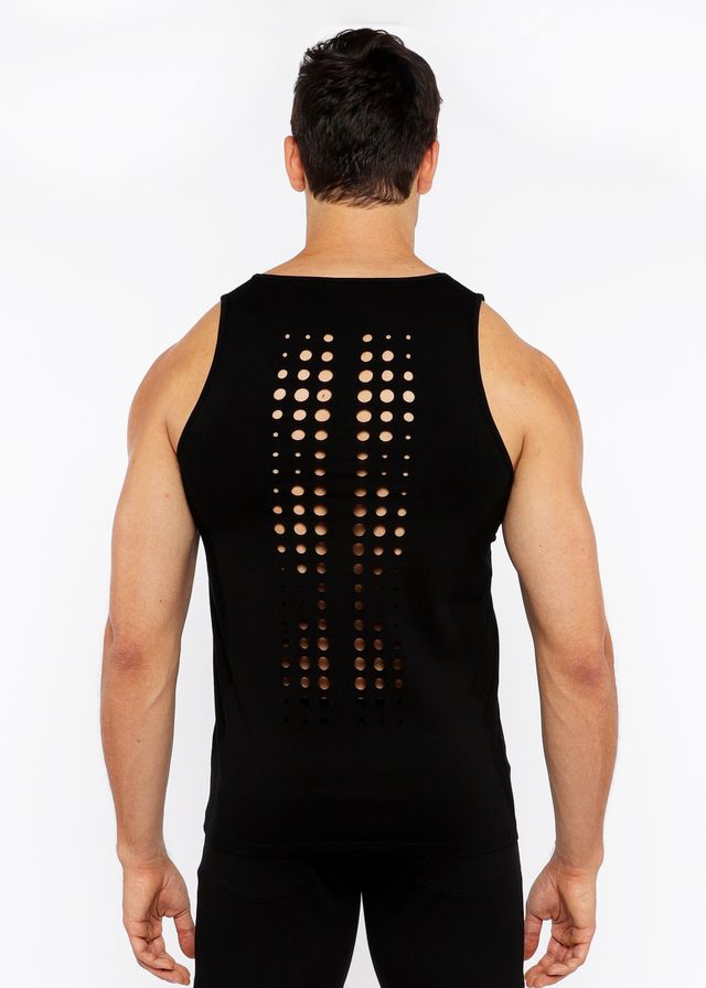 Black sleeveless circle spine laser cut stretch jersey tank showing circular perforations down the back