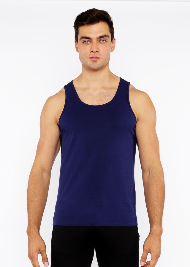 Navy blue sleeveless tank top in stretch jersey with circle spine laser cut detail for comfortable wear